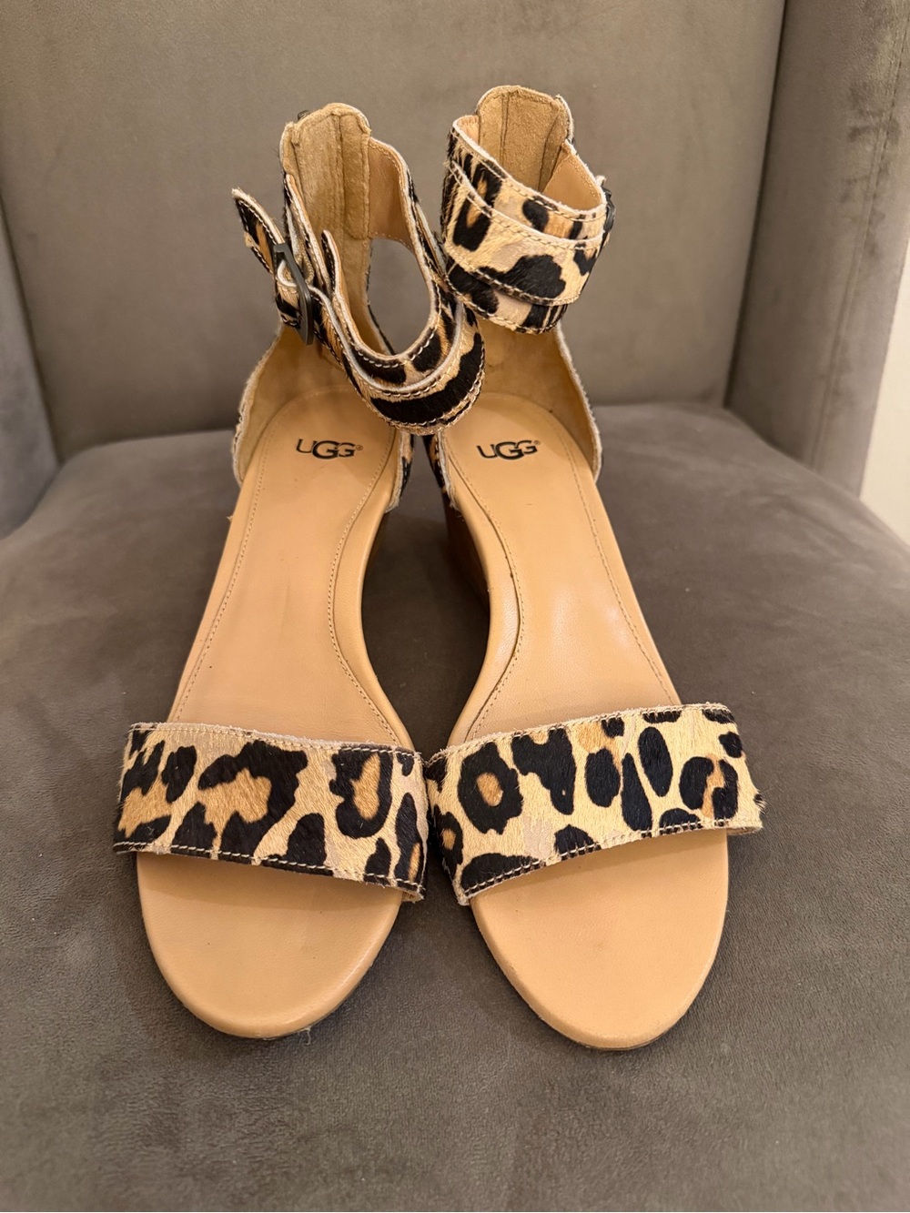 UGG Leopard Print Ankle-Strap Sandals in Tan and Black